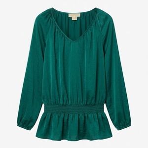 Michael Kors Emerald Green Long Sleeve V-Neck Peplum Blouse Size 1X Plus Top EUC